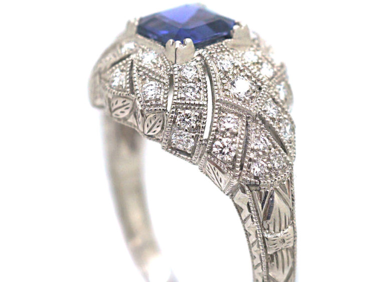 Art Deco Platinum, Ceylon Sapphire & Diamond Cluster Ring