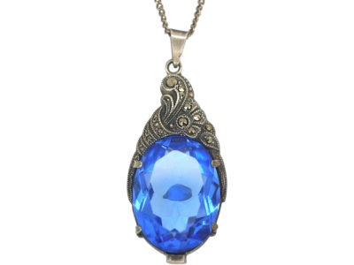 Art Deco Silver & Blue Paste Pendant on a Silver Chain