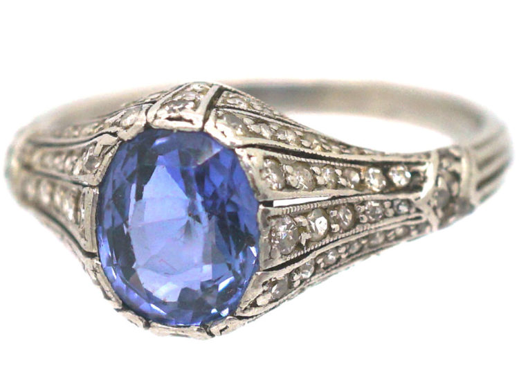 Art Deco Platinum, Ceylon Sapphire & Rose Diamond Ring