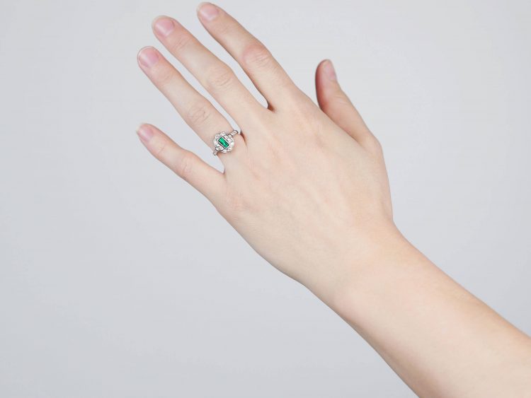 Art Deco Platinum, Emerald & Diamond Rectangular Cluster Ring