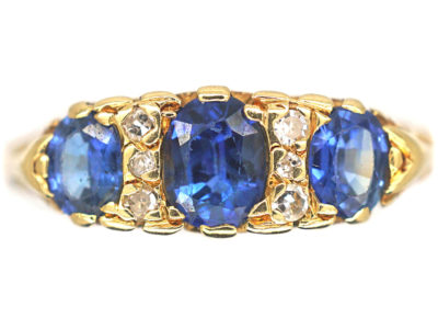 18ct Gold Three Stone Sapphire & Diamond Carved Half Hoop Ring