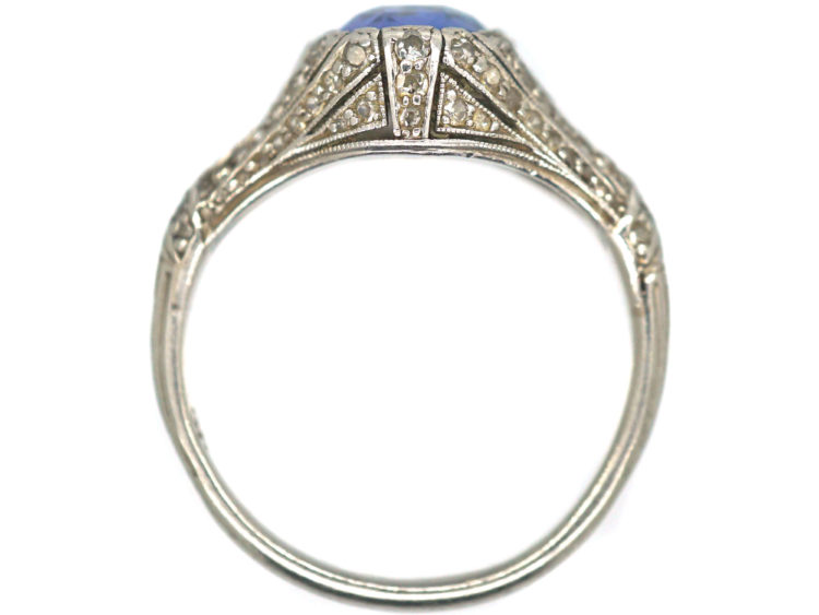 Art Deco Platinum, Ceylon Sapphire & Rose Diamond Ring