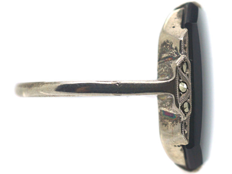 Art Deco Silver, Marcasite & Onyx Rectangular Ring