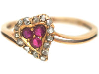 French 18ct Gold Belle Epoque Heart Shaped Ring set with Rubies & Rose Diamonds