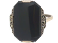 Art Deco Silver, Marcasite & Onyx Rectangular Ring
