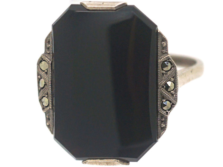 Art Deco Silver, Marcasite & Onyx Rectangular Ring