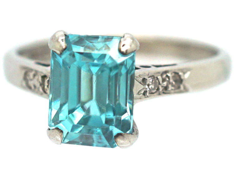 Art Deco 18ct White Gold Zircon & Diamond Rectangular Ring