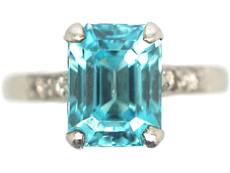 Art Deco 18ct White Gold Zircon & Diamond Rectangular Ring
