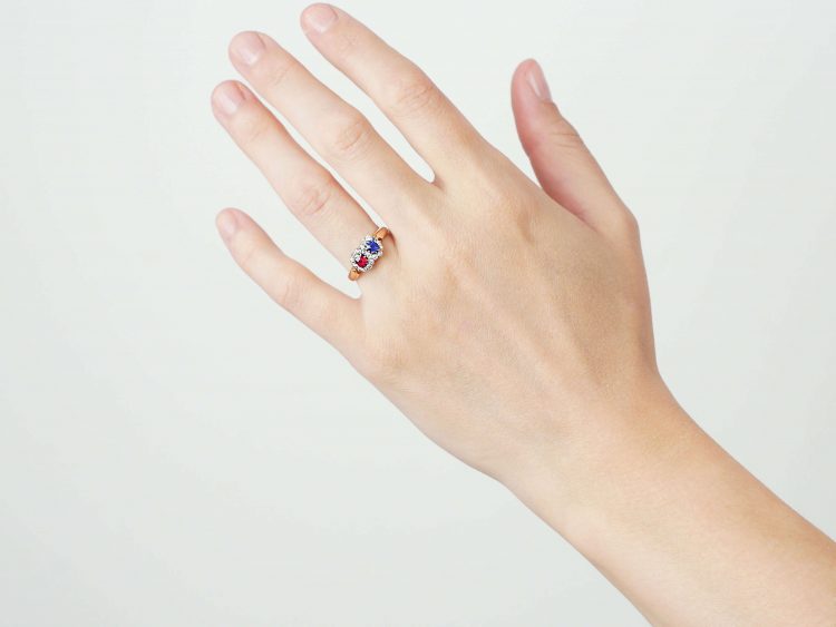 Edwardian 18ct Gold, Sapphire, Ruby & Diamond Double Cluster Ring