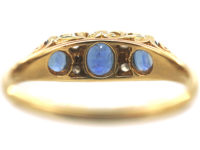18ct Gold Three Stone Sapphire & Diamond Carved Half Hoop Ring