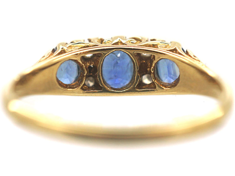 18ct Gold Three Stone Sapphire & Diamond Carved Half Hoop Ring