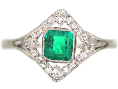 Art Deco 18ct White Gold Emerald & Diamond, Diamond Shaped Ring