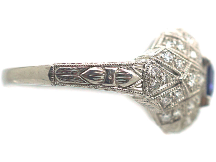 Art Deco Platinum, Ceylon Sapphire & Diamond Cluster Ring