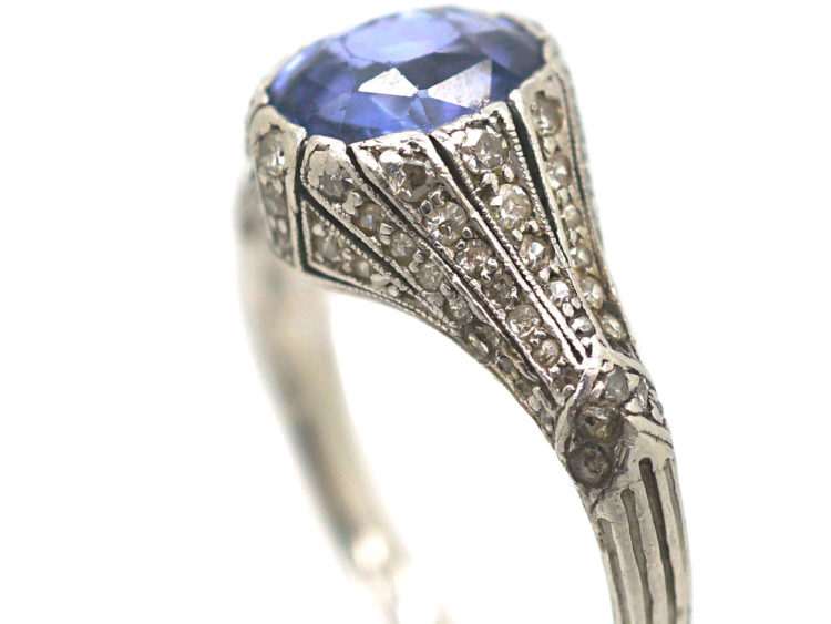 Art Deco Platinum, Ceylon Sapphire & Rose Diamond Ring