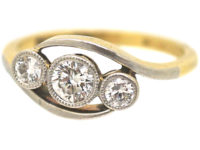 Edwardian 18ct Gold & Platinum Three Stone Diamond Crossover Ring
