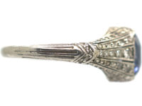 Art Deco Platinum, Ceylon Sapphire & Rose Diamond Ring