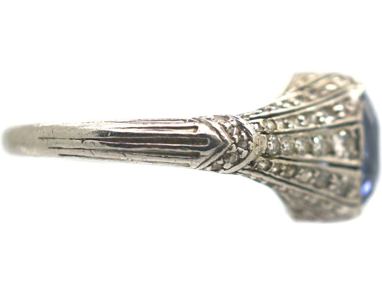 Art Deco Platinum, Ceylon Sapphire & Rose Diamond Ring