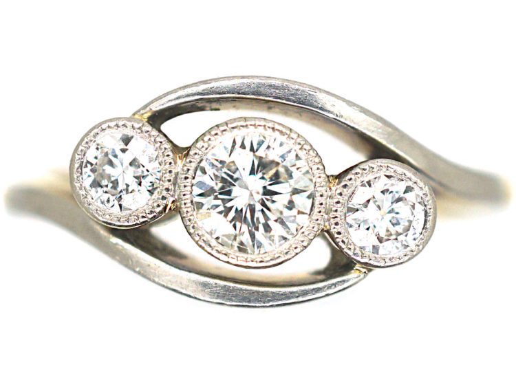 Edwardian 18ct Gold & Platinum Three Stone Diamond Crossover Ring
