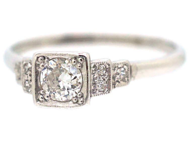Art Deco 18ct Gold & Platinum Diamond Solitaire Ring with Step Cut Shoulders