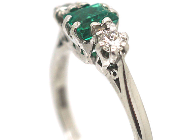 Art Deco Platinum Emerald & Diamond Three Stone Ring