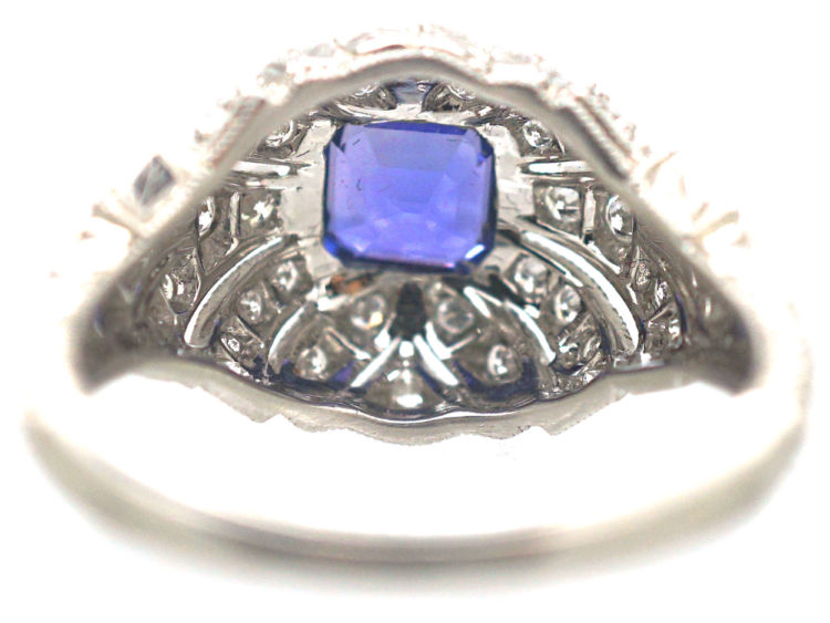 Art Deco Platinum, Ceylon Sapphire & Diamond Cluster Ring