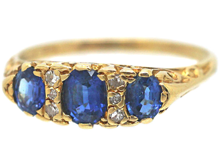 18ct Gold Three Stone Sapphire & Diamond Carved Half Hoop Ring