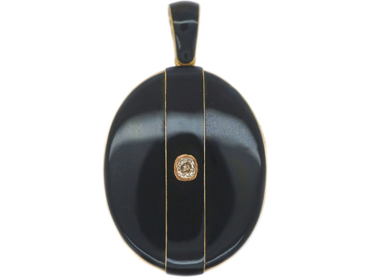 Victorian 18ct Gold & Black Enamel Oval Locket set with a Diamond