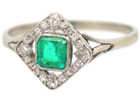 Art Deco 18ct White Gold Emerald & Diamond, Diamond Shaped Ring