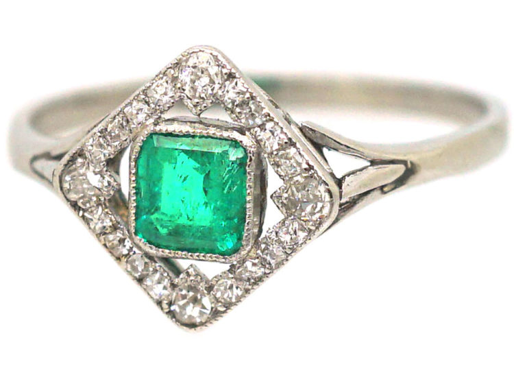 Art Deco 18ct White Gold Emerald & Diamond, Diamond Shaped Ring