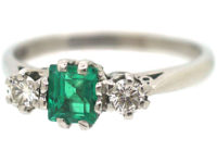 Art Deco Platinum Emerald & Diamond Three Stone Ring
