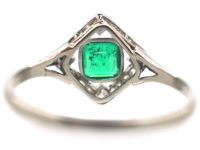 Art Deco 18ct White Gold Emerald & Diamond, Diamond Shaped Ring