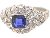 Art Deco Platinum, Ceylon Sapphire & Diamond Cluster Ring
