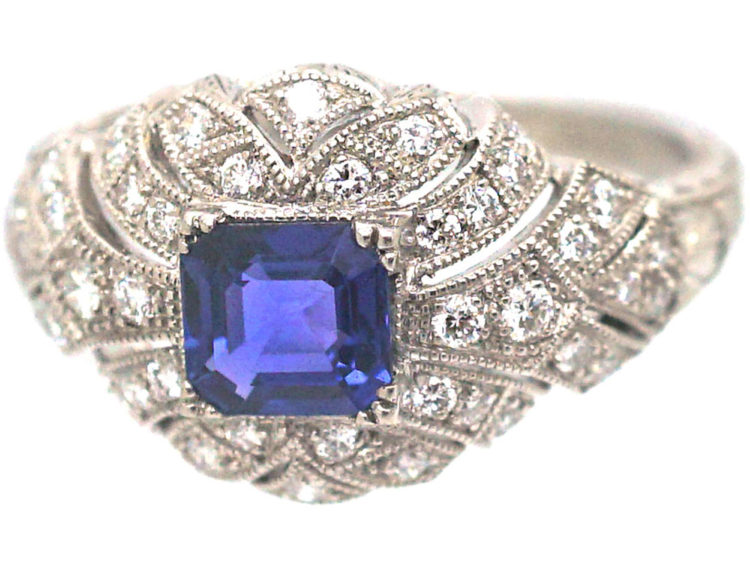 Art Deco Platinum, Ceylon Sapphire & Diamond Cluster Ring