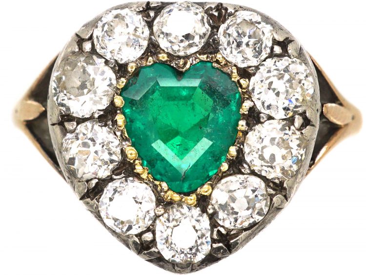 Victorian 18ct Gold, Emerald & Diamond Heart Shaped Ring