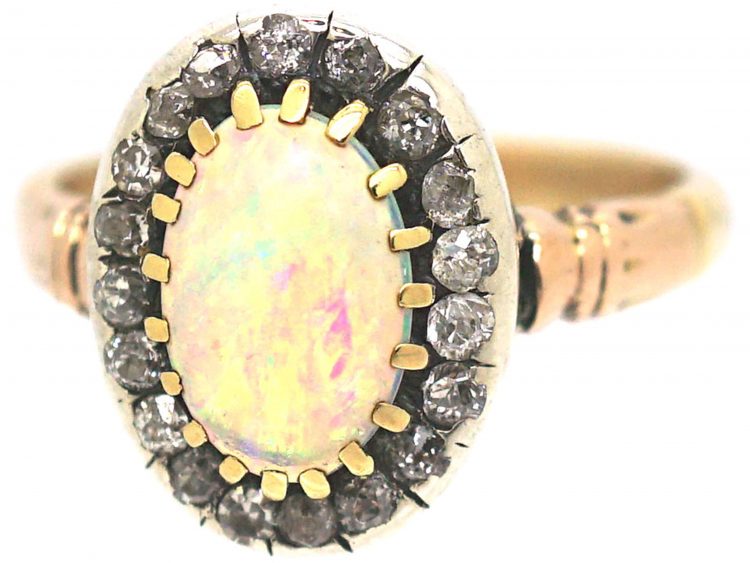 Edwardian 18ct Gold, Opal & Diamond Oval Cluster Ring