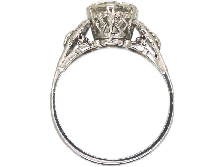 Art Deco Platinum, Solitaire Diamond Ring with Diamond Set Shoulders