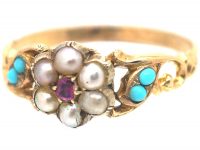 Regency 15ct Gold Ruby & Natural Split Pearl Cluster Ring with Turquoise set Shoulders & Glazed Locket on Reverse