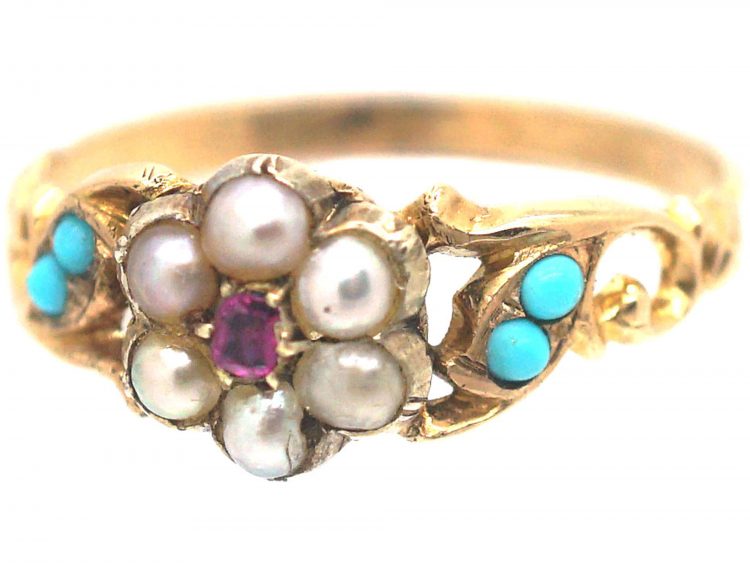 Regency 15ct Gold Ruby & Natural Split Pearl Cluster Ring with Turquoise set Shoulders & Glazed Locket on Reverse