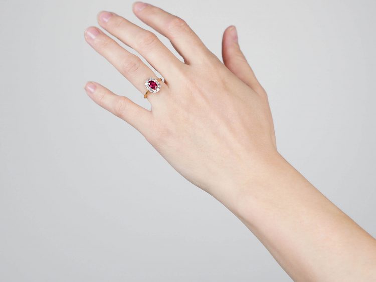 18ct Gold, Ruby & Diamond Oval Cluster Ring