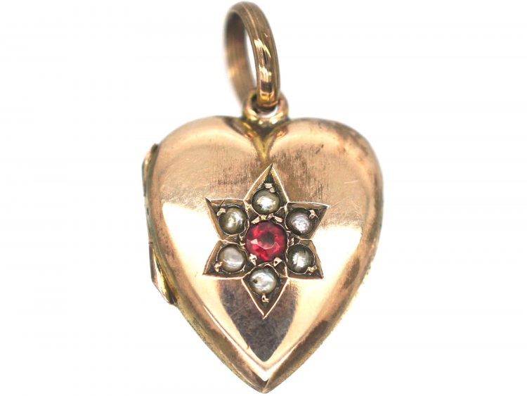 Edwardian 9ct Back & Front Heart Shaped Locket set with a Garnet & Natural Split Pearls