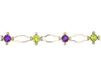 15ct Gold Suffragette Bracelet set with Amethysts, Natural Split pearls & Peridots
