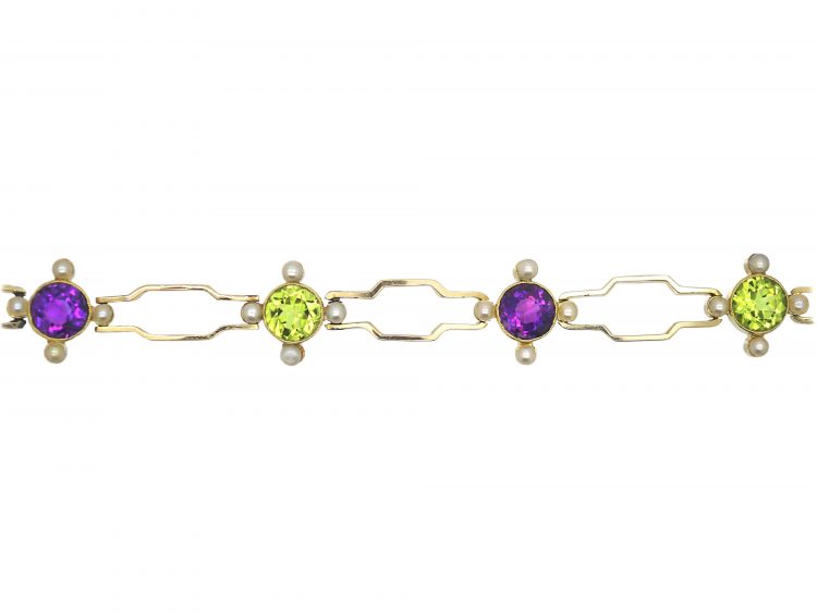 15ct Gold Suffragette Bracelet set with Amethysts, Natural Split pearls & Peridots