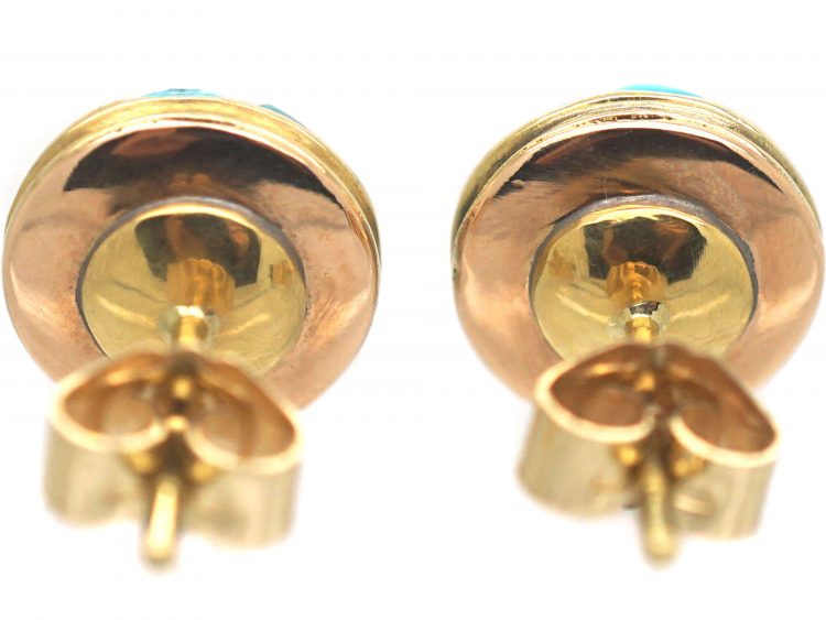 Victorian 18ct Gold, Turquoise, Natural Split Pearl & Rose Diamond Round Earrings