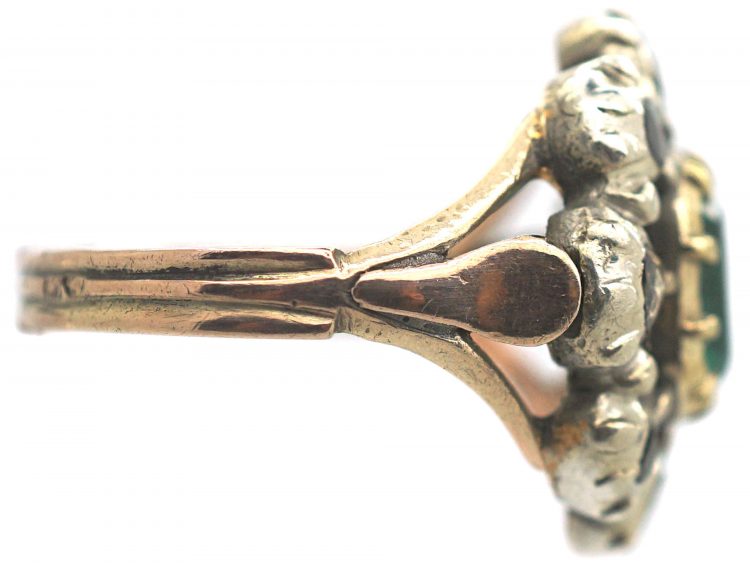 Large French Early 19th Century Emerald & Rose Cut Diamond Cluster Ring