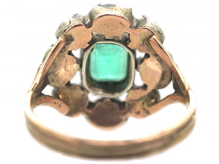 Large French Early 19th Century Emerald & Rose Cut Diamond Cluster Ring