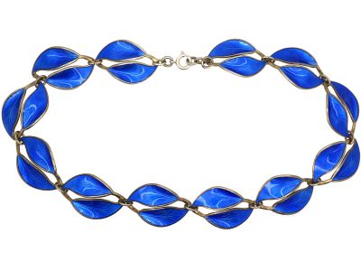 Silver & Blue Enamel Double Leaf Design Necklace by Willy Winnaess for David Andersen