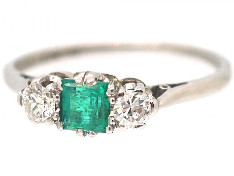 Art Deco Platinum, Emerald & Diamond Three Stone Ring