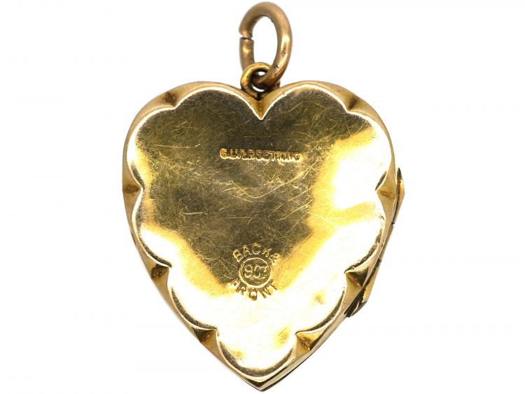 Edwardian 9ct Back & Front Heart Shaped Locket with Swallow Motif set with Garnets & Paste