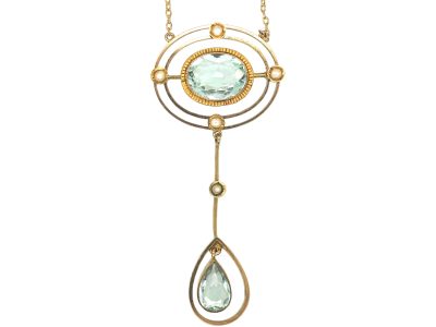 Art Deco 9ct Gold Aquamarine & Natural Split Pearls Pendant on 9ct Gold Chain