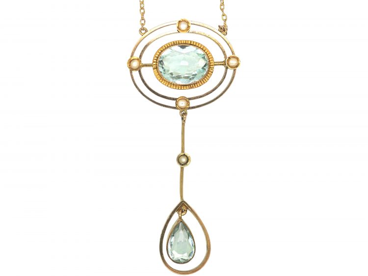 Art Deco 9ct Gold Aquamarine & Natural Split Pearls Pendant on 9ct Gold Chain